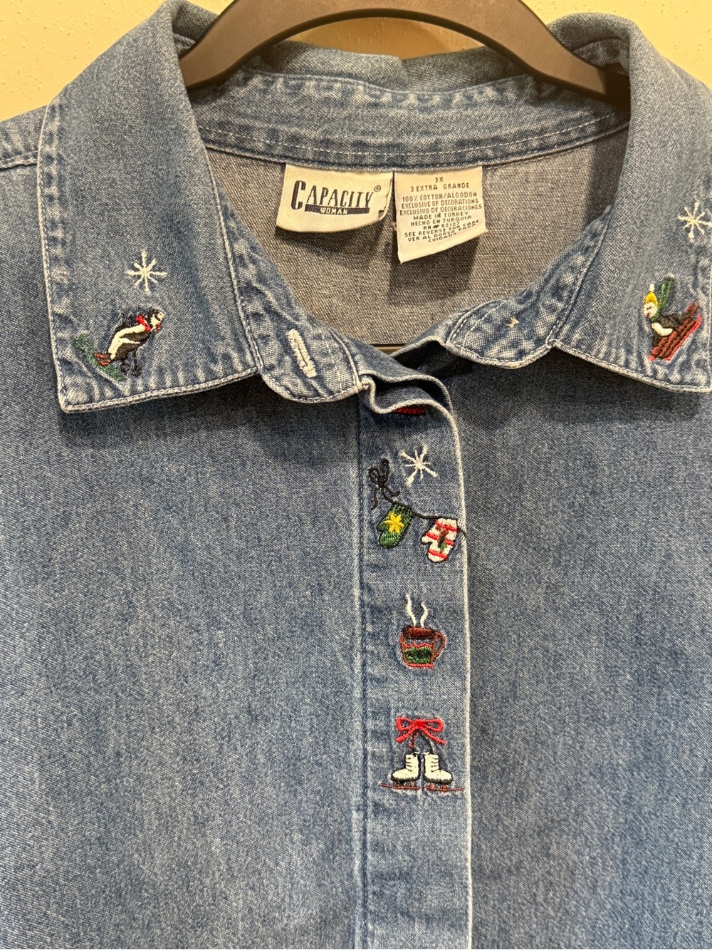 Capacity Women's Blue Denim Shirt with Holiday/ Winter Embroidery